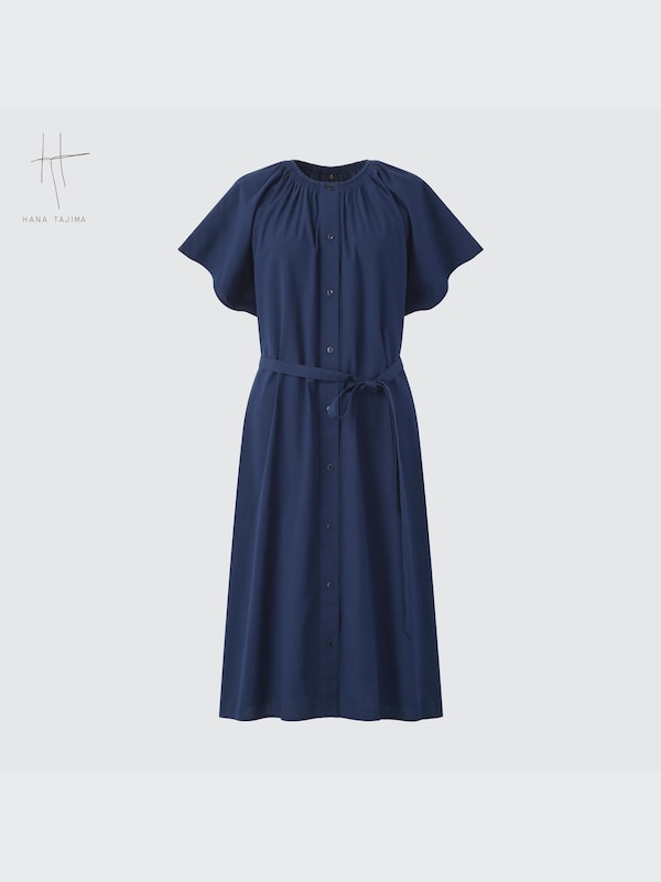 Cotton Dobby Belted Short-Sleeve Dress (Hana Tajima)