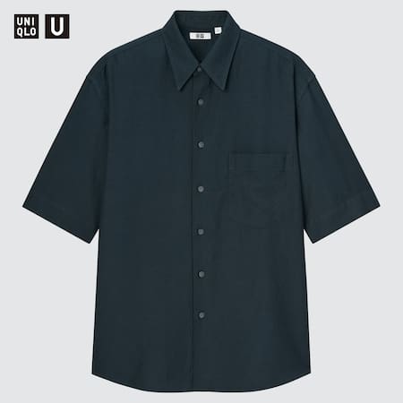 Men Uniqlo U Linen Blend Oversized Fit Half Sleeved Shirt (Regular Collar)