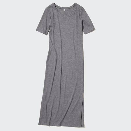 Women Ribbed Side Slit Short Sleeved Long Dress