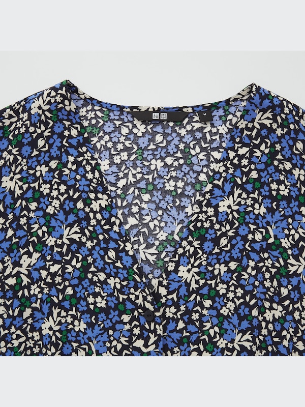 Printed V-Neck 3/4-Sleeve Flare Dress