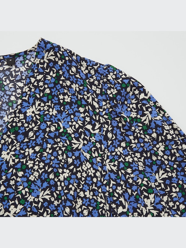 Printed V-Neck 3/4-Sleeve Flare Dress