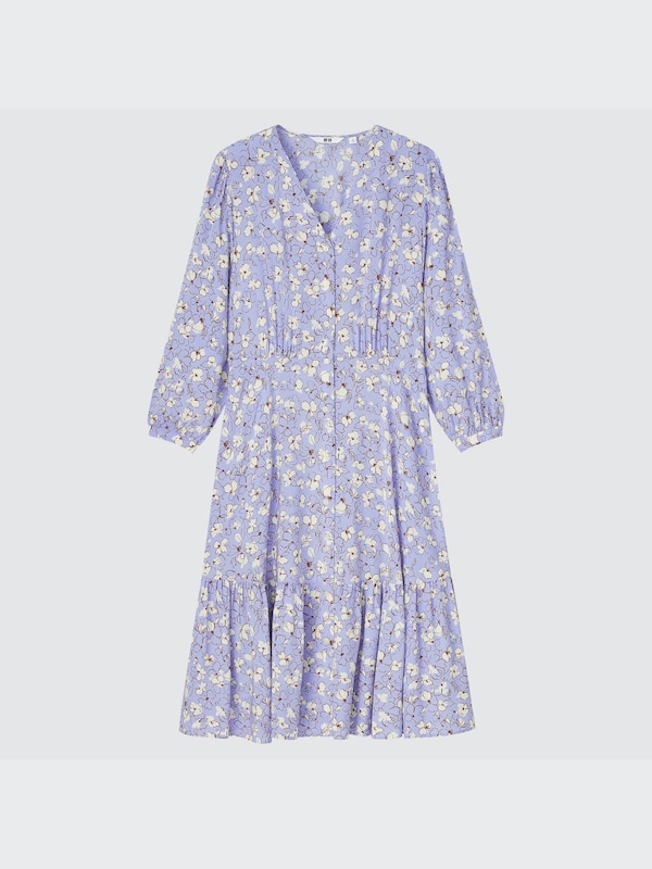 Printed V-Neck 3/4-Sleeve Flare Dress