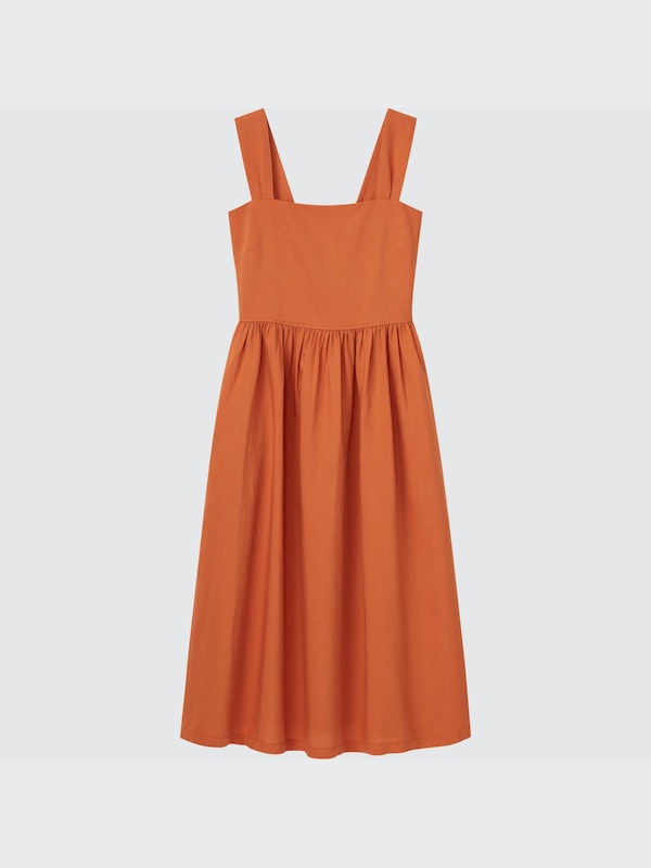 LINEN BLEND SLEEVELESS SHIRRING DRESS