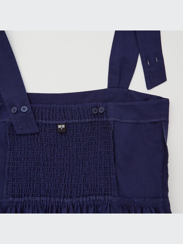 Linen-Blend Shirred Sleeveless Dress