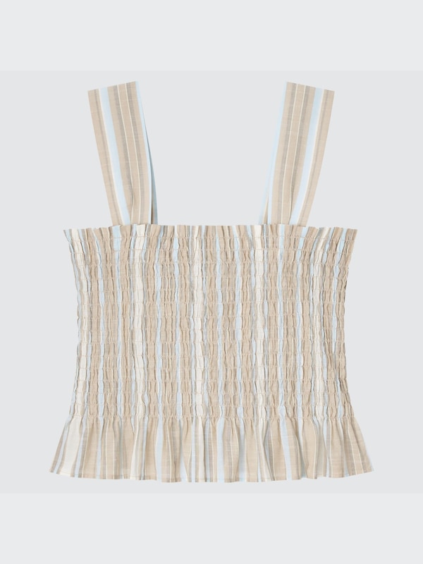 Cotton Striped Shirred Sleeveless Blouse