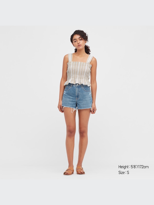 Cotton Striped Shirred Sleeveless Blouse