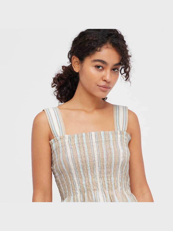Cotton Striped Shirred Sleeveless Blouse
