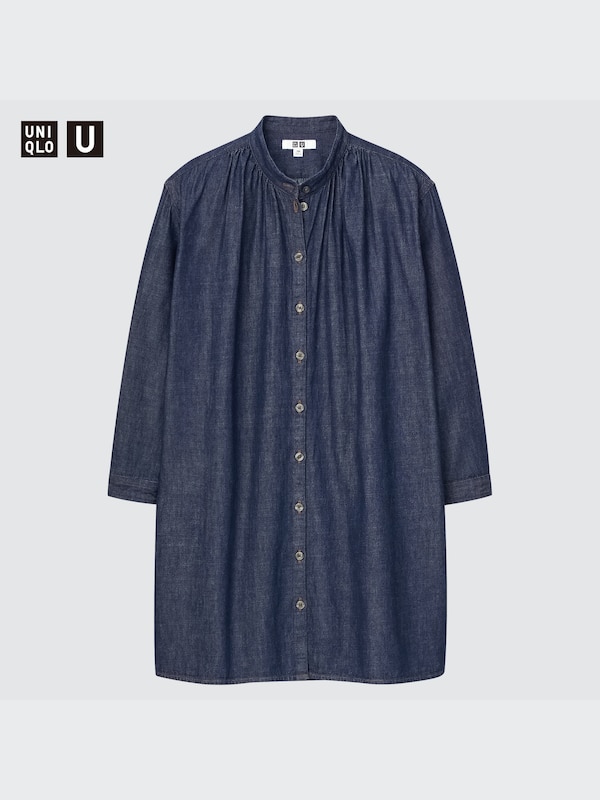 uniqlo u denim dress UNIQLO U Cotton Denim Drawstring Long Sleeve Dress in Black Size Small S