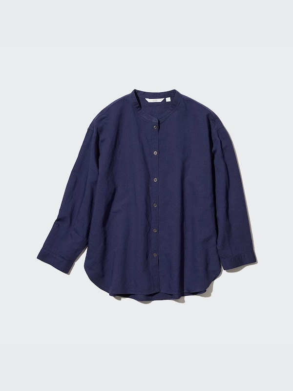 Linen-Blend Band Collar 3/4-Sleeve Shirt