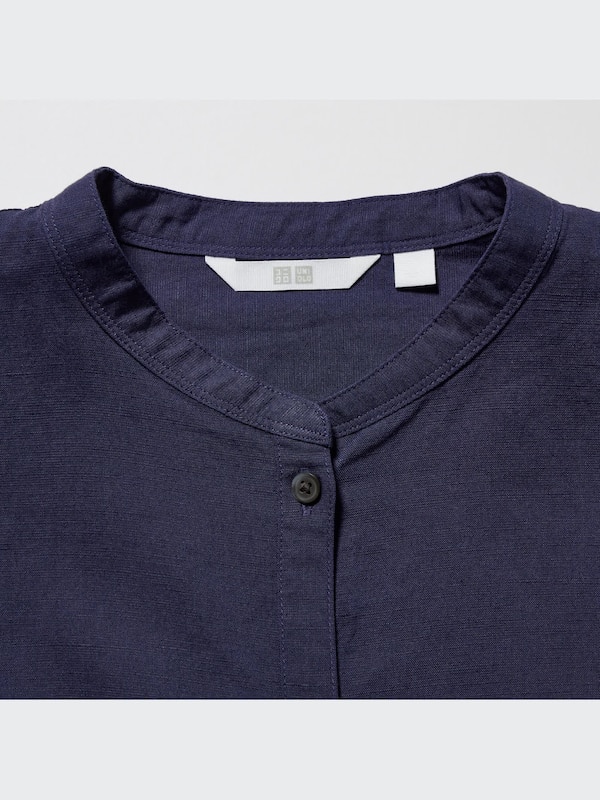Linen-Blend Band Collar 3/4-Sleeve Shirt