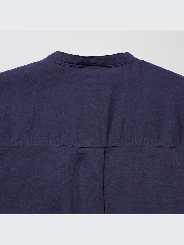 Linen-Blend Band Collar 3/4-Sleeve Shirt