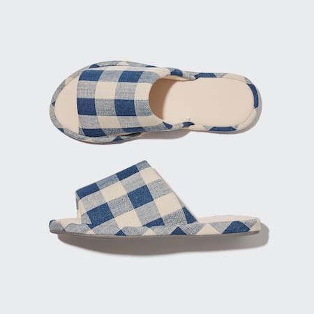 Open Toe Canvas Checked Slippers