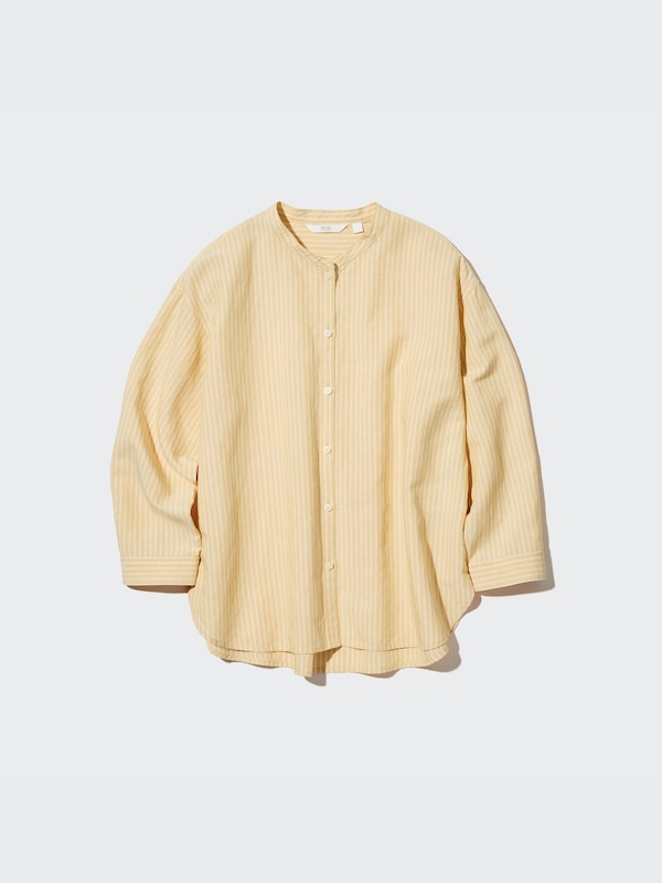 Linen-Blend Band Collar 3/4-Sleeve Shirt