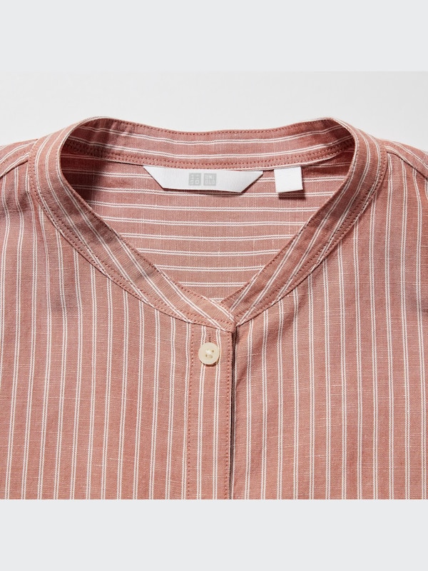 Linen-Blend Band Collar 3/4-Sleeve Shirt
