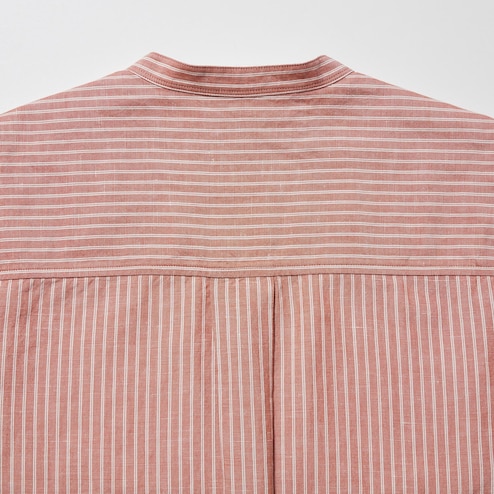 Linen Blend Band Collar 3/4 Sleeve Shirt