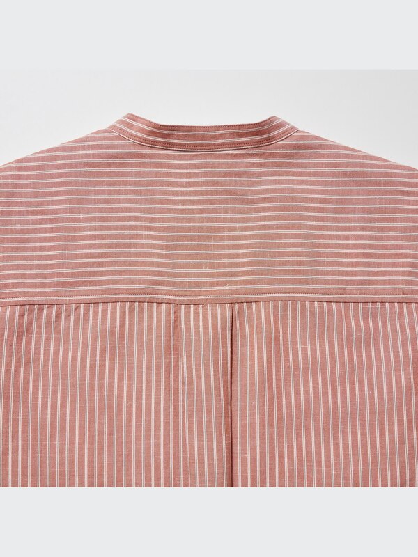Linen-Blend Band Collar 3/4-Sleeve Shirt