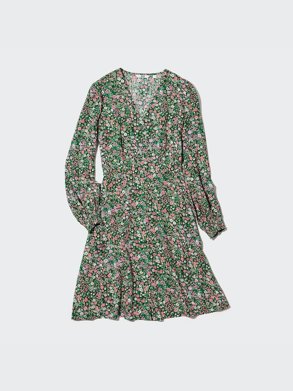 Printed V-Neck Long-Sleeve Flare Mini Dress