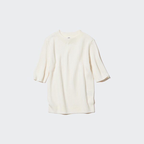 Extra Fine Merino Ribbed Half-Sleeve Short Sweater