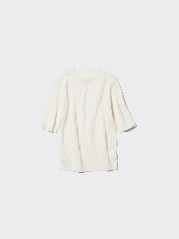 Extra Fine Merino Ribbed Half-Sleeve Short Sweater