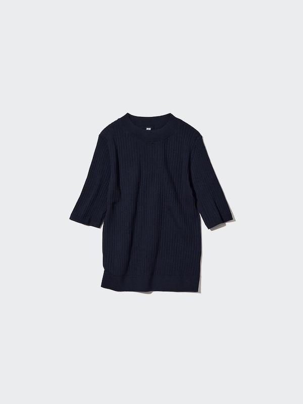 Extra Fine Merino Ribbed Half-Sleeve Short Sweater