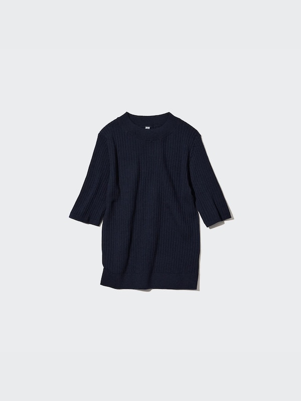 Extra Fine Merino Ribbed Half-Sleeve Short Sweater