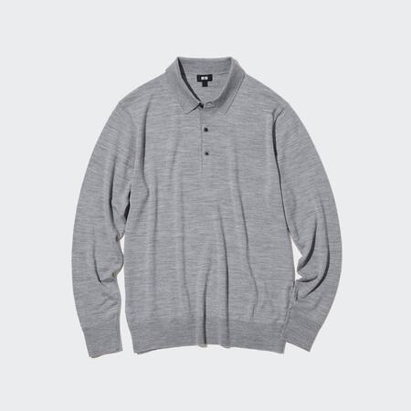 Men 100% Extra Fine Merino Knitted Long Sleeved Polo Shirt