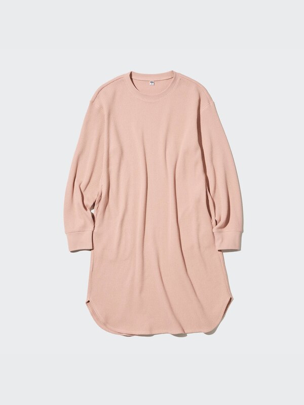 Waffle Crew Neck Long-Sleeve Dress