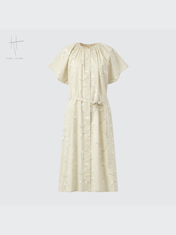 Printed Cotton Belted Short-Sleeve Dress (Hana Tajima)