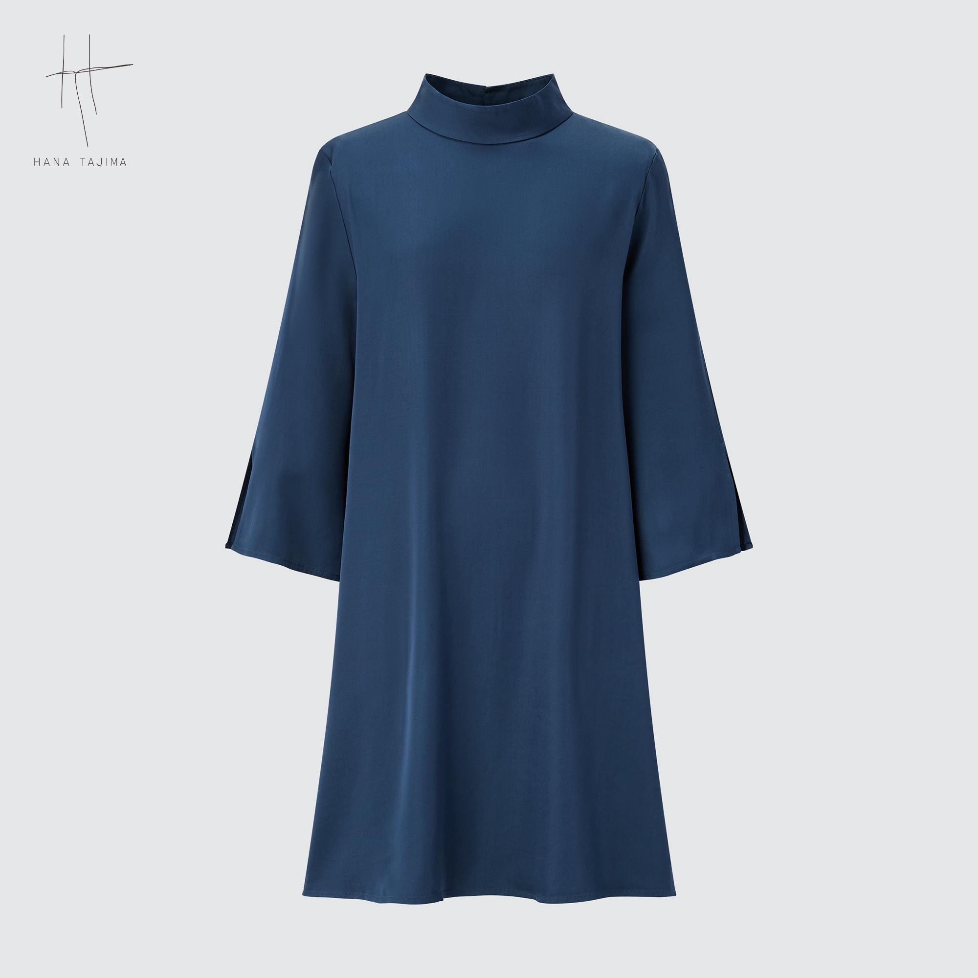 HANA TAJIMA SATIN HIGH NECK 3/4 SLEEVE MINI DRESS