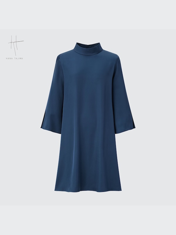 Satin High Neck 3/4-Sleeve Mini Dress (Hana Tajima)