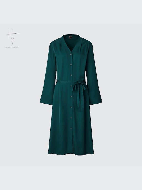Satin Tucked V-Neck Long-Sleeve Dress (Hana Tajima)