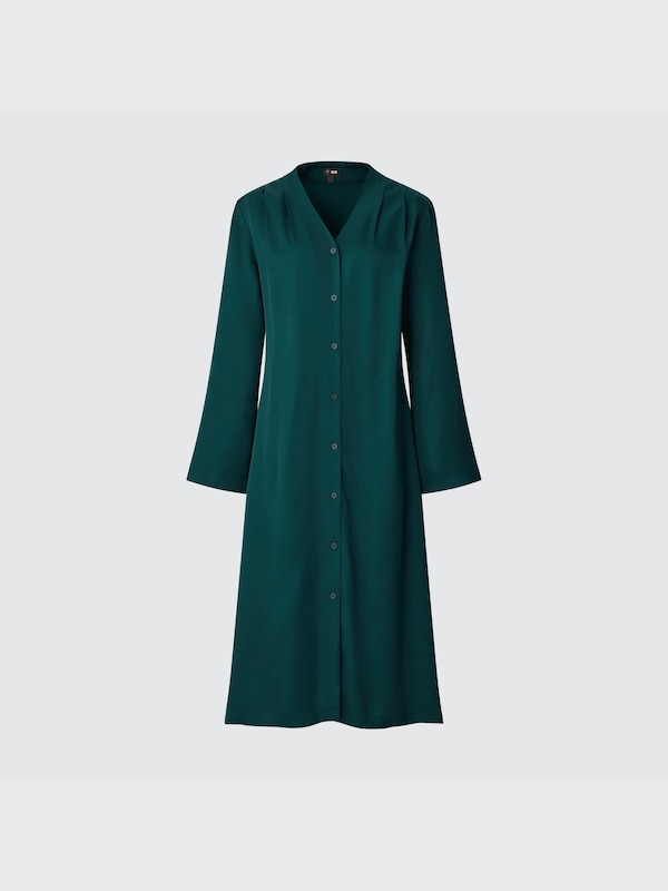 Satin Tucked V-Neck Long-Sleeve Dress (Hana Tajima)