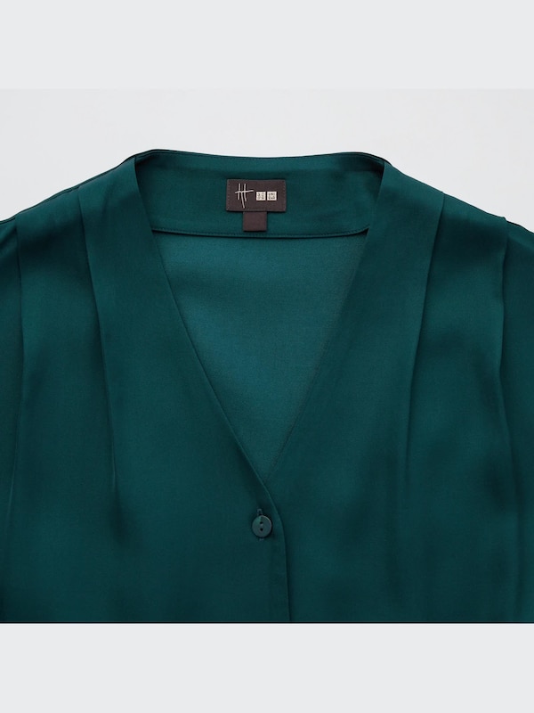 Satin Tucked V-Neck Long-Sleeve Dress (Hana Tajima)