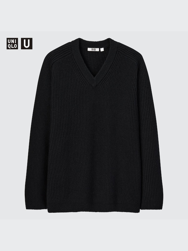 CHANDAIL CÔTELÉ EN LAINE D'AGNEAU À COL V UNIQLO U