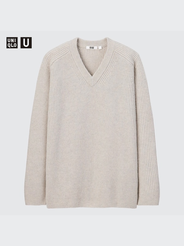 U Premium Lambswool Ribbed V-Neck Sweater