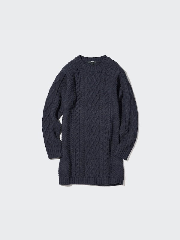 Cable Knit Crew Neck Long-Sleeve Mini Dress