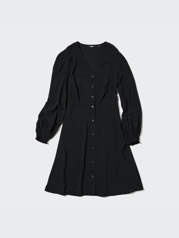 V-Neck Long-Sleeve Flare Mini Dress