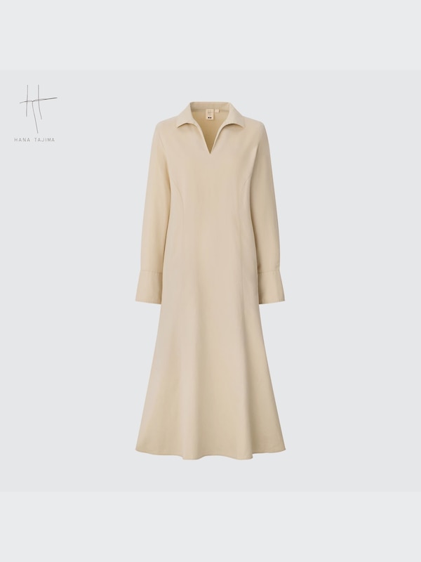 Flannel Skipper Collar Long-Sleeve Long Dress (Hana Tajima)