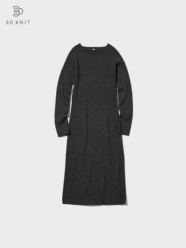 3D Knit Extra Fine Merino Ribbed Fitted Long-Sleeve Dress