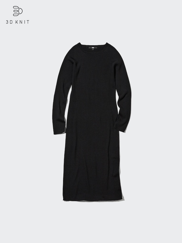 3D Knit Extra Fine Merino Ribbed Fitted Long-Sleeve Dress