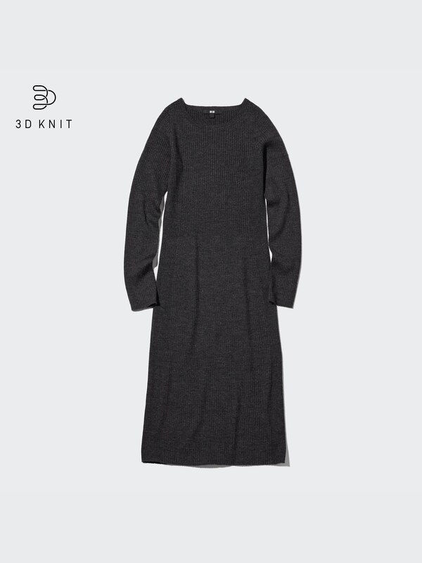 3D Knit Extra Fine Merino Ribbed Fitted Long-Sleeve Dress