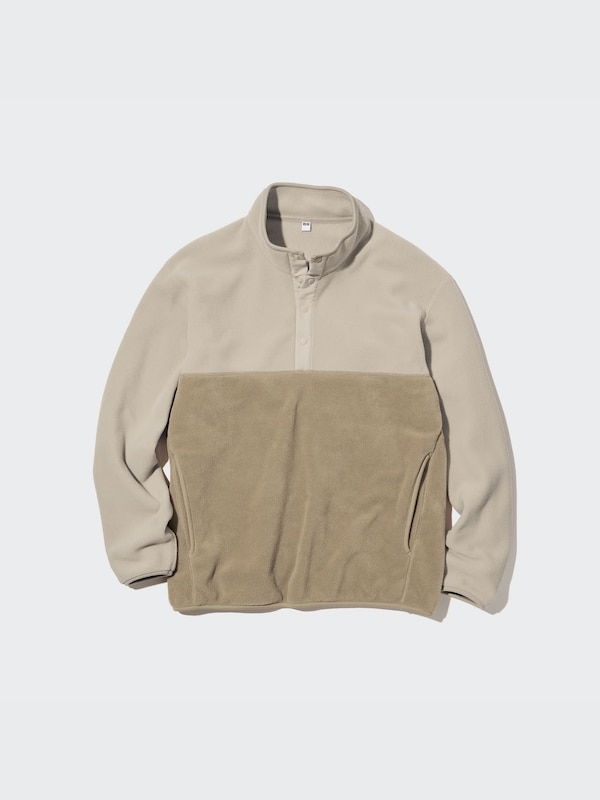 Fleece Button-Up Long-Sleeve Pullover (Color Block)