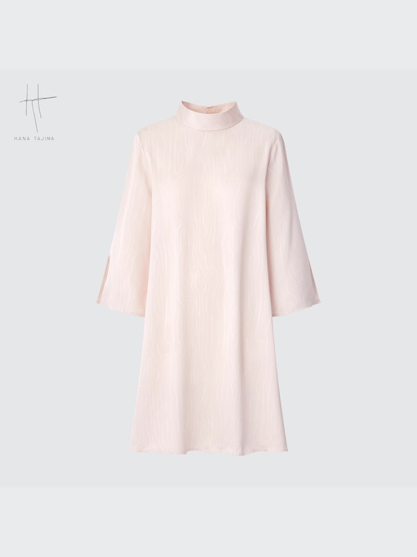 Printed Satin High Neck 3/4-Sleeve Mini Dress (Hana Tajima)