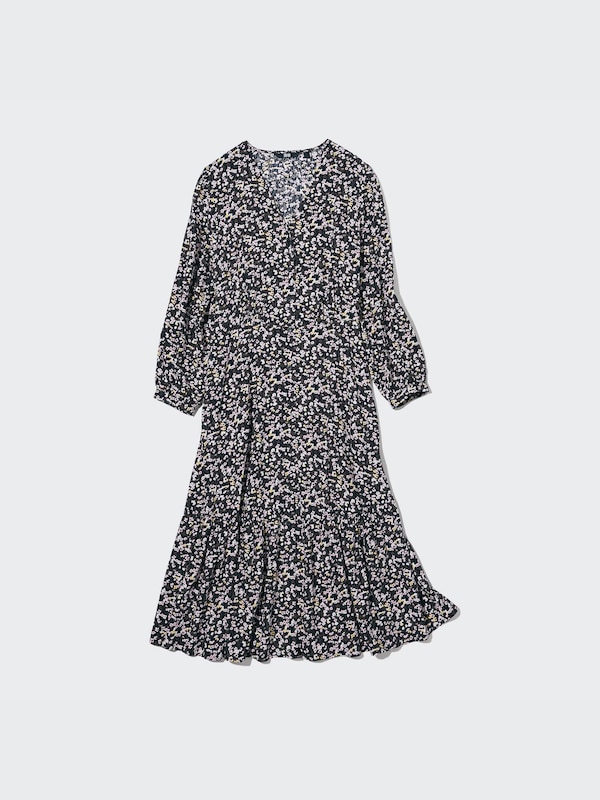 Printed V-Neck 3/4-Sleeve Flare Dress