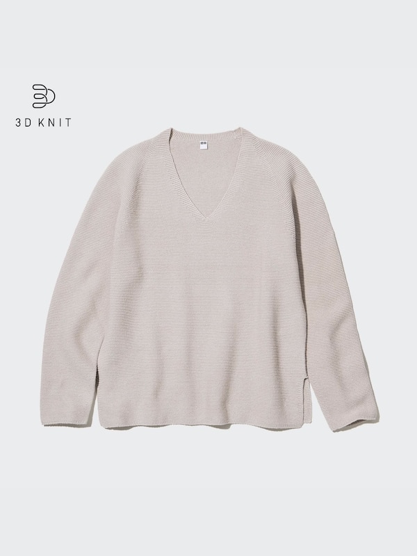 3D Knit Cotton Blend V-Neck Long-Sleeve Sweater