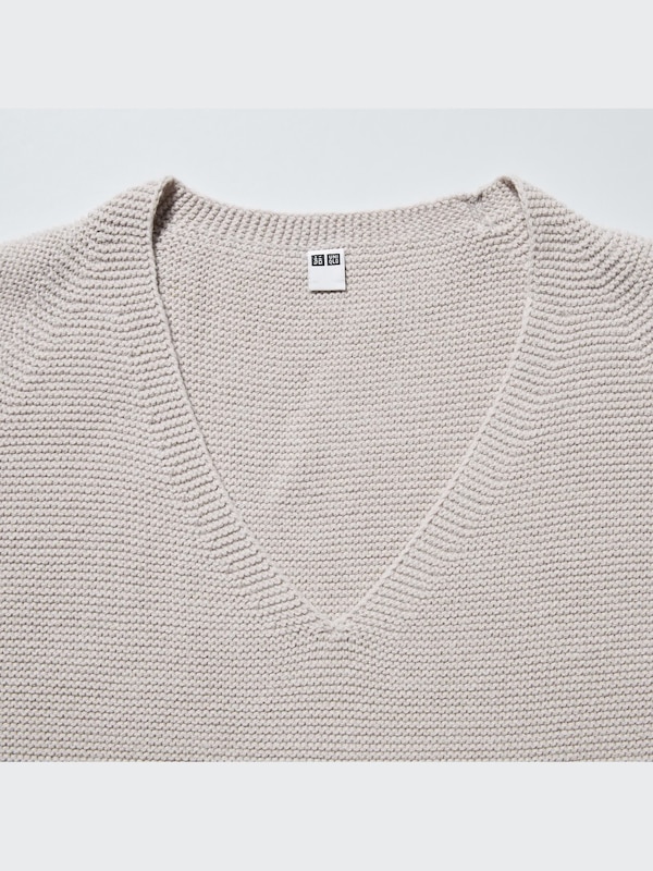 3D Knit Cotton Blend V-Neck Long-Sleeve Sweater