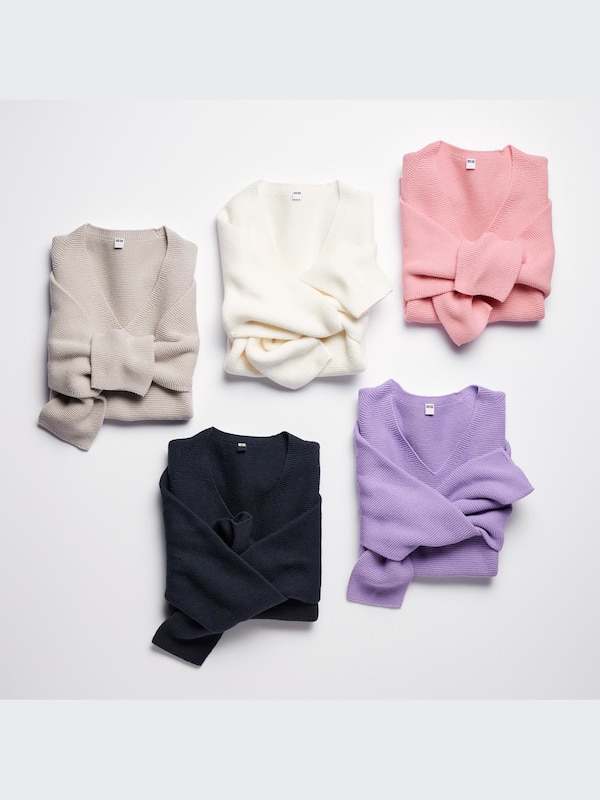 3D Knit Cotton Blend V-Neck Long-Sleeve Sweater