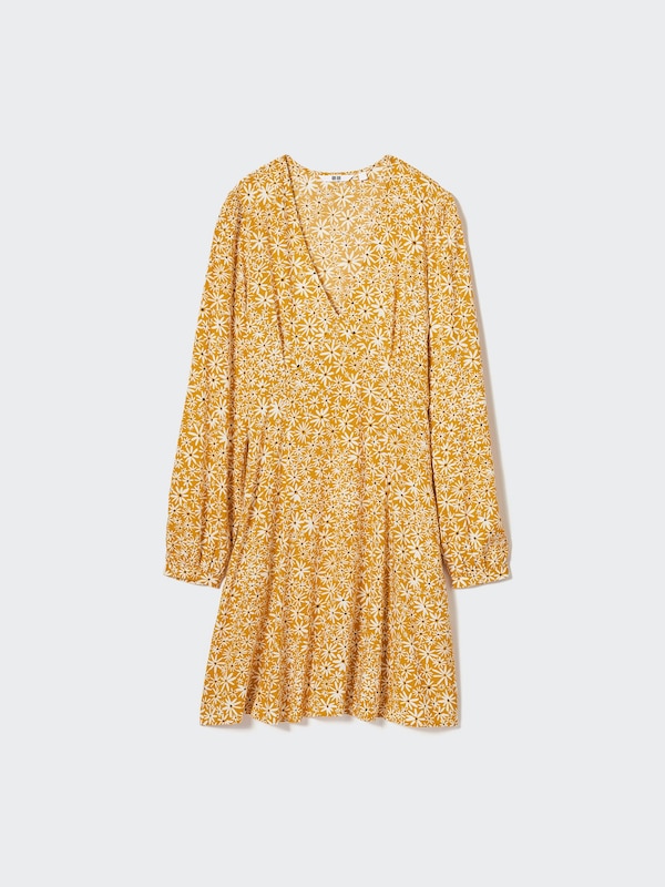 Printed V-Neck Long-Sleeve Mini Dress