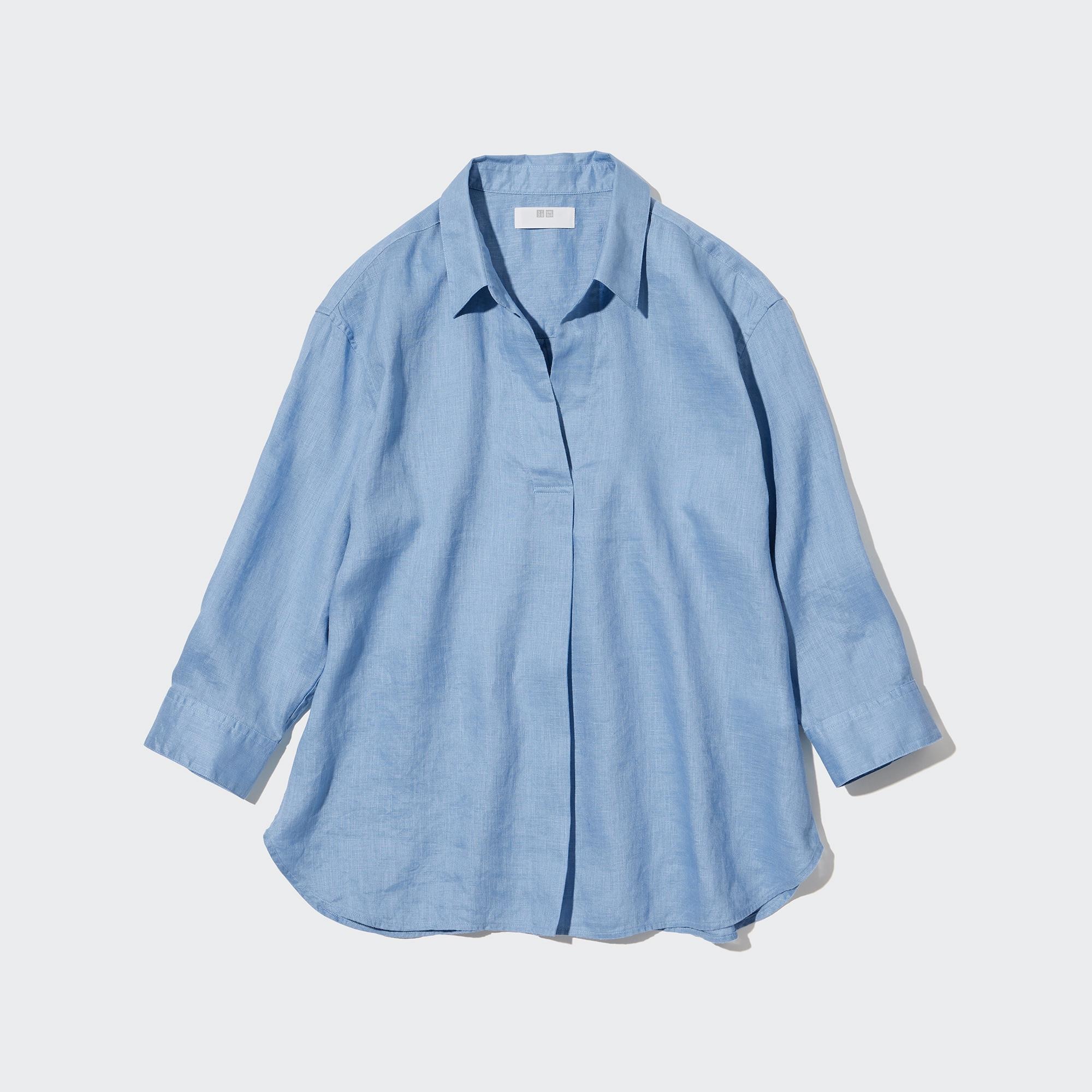 100% Premium Linen Skipper Collar 3/4 Sleeved Shirt | UNIQLO GB