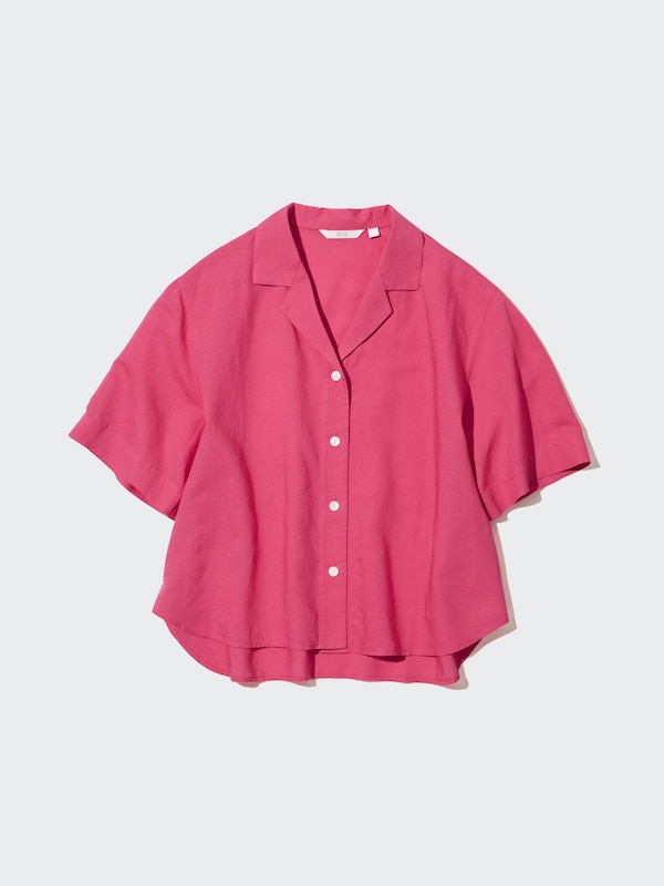 LINEN BLEND OPEN COLLAR SHORT SLEEVE SHIRT